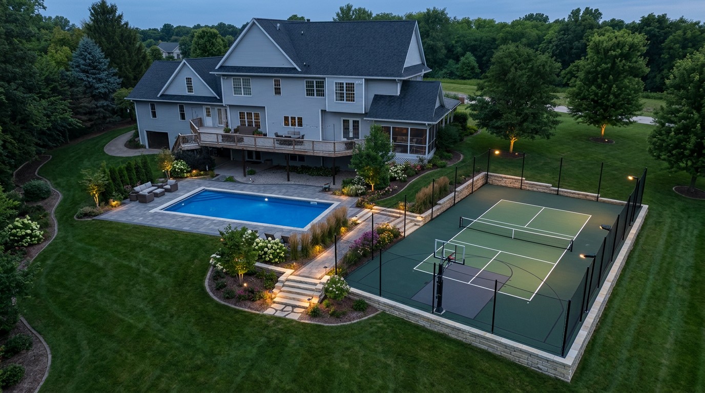 Concept for the same property from the same drone angle at dusk: a glowing pool and paver terrace, warm-lit stone steps and seat walls, uplit planting beds, and a fenced multi-use game court under low light.