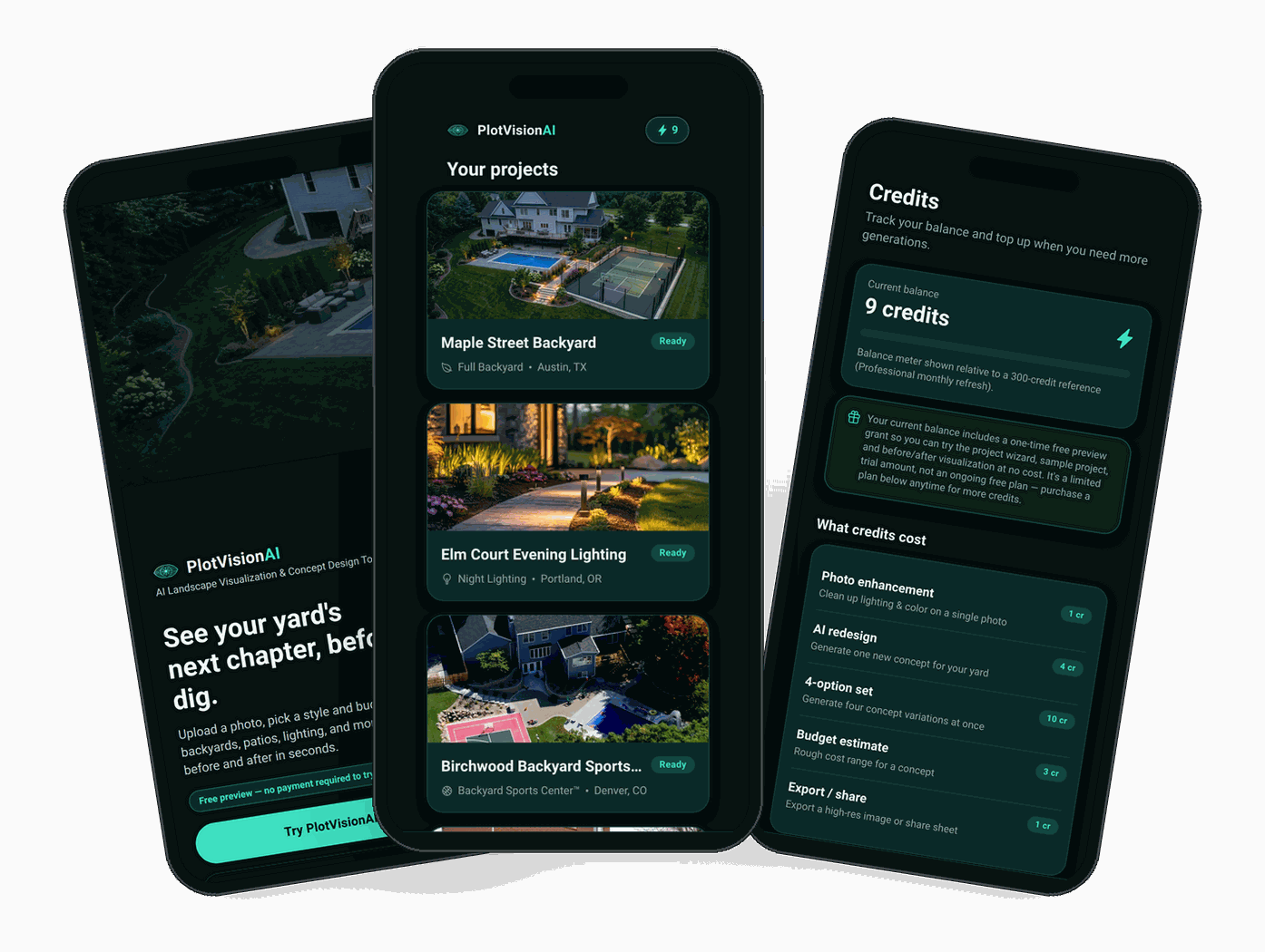 Three phones showing the PlotVisionAI mobile app: the welcome screen, a project list with saved backyard concepts, and the credits screen.