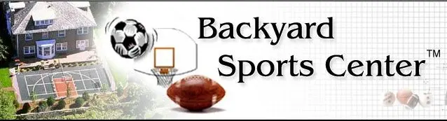 Backyard Sports Center trademark banner: a serif wordmark with a soccer ball, basketball hoop and football, next to an aerial view of a finished multi-use game court.