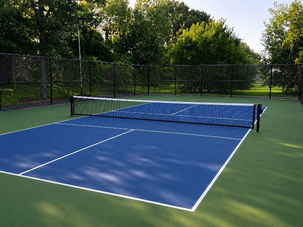 AI concept visualization of that same derelict court resurfaced in blue and green with fresh white lines and a new black enclosure, the light pole and tree line unchanged.