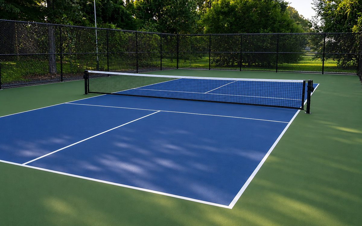 Finished blue and green multi-use game court surrounded by black chain-link fencing with a dense hedge screening the property line.