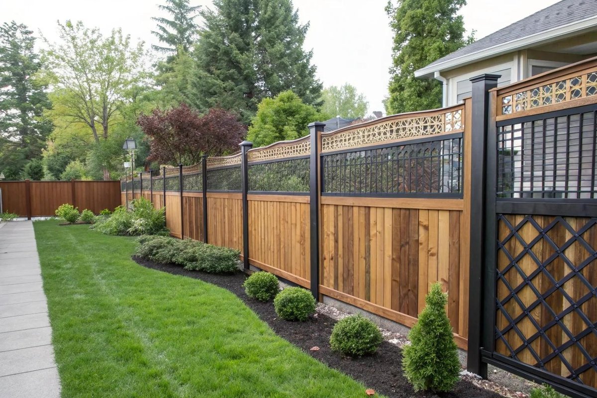 Custom mixed-material privacy fence with cedar panels and black decorative metalwork, running along a mulched border of boxwood and arborvitae beside a mown lawn.
