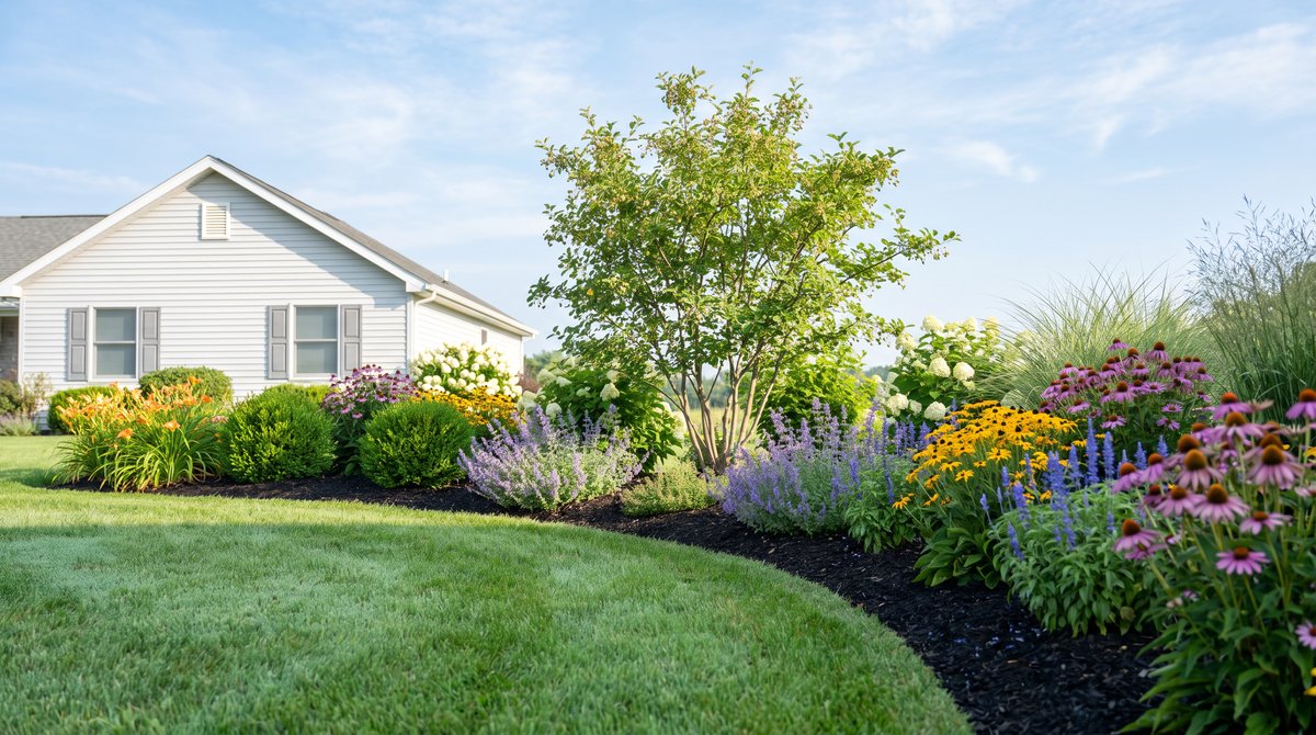 Curved spade-cut lawn edge beside deep flowerbeds of coneflower, black-eyed susan, catmint and boxwood with a small serviceberry, in full daylight.