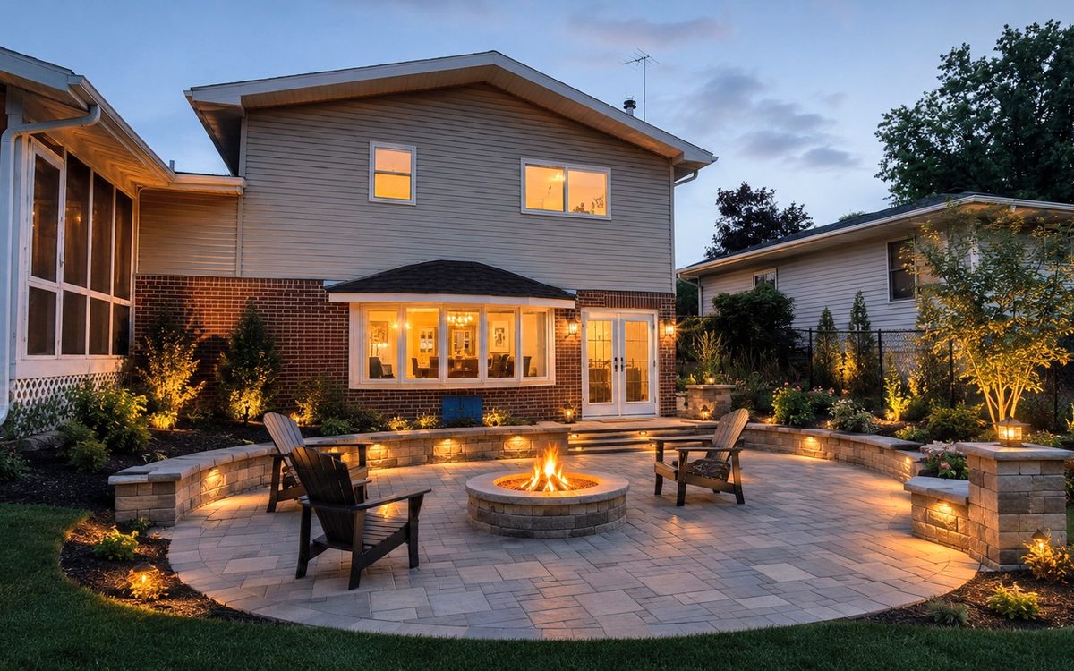 Finished circular paver patio at dusk with a stone fire pit, two chairs, lit seat walls and planters against the back of the house.