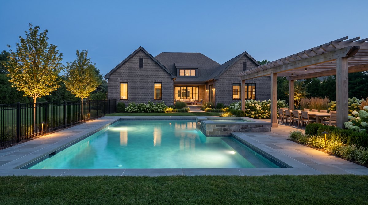 A lit rectangular pool with a raised stone spa and spillway, bluestone terrace, cedar pergola with a dining table and uplit ornamental trees behind a dark-brick farmhouse.