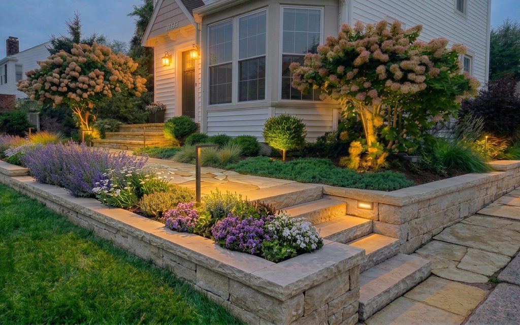 Tiered natural stone retaining walls holding a raised planting bed of salvia and hydrangea, with lit stone steps up to the front entry.