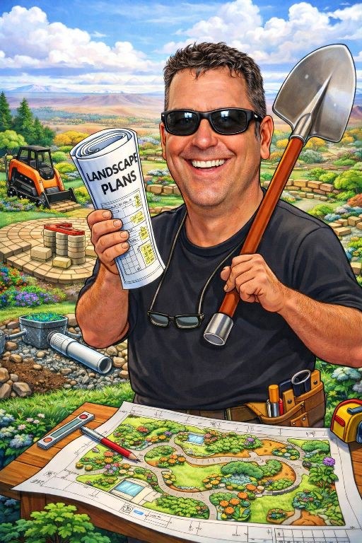 Darin Designs — illustrated portrait of landscape designer Darin Chamberlin holding a rolled set of landscape plans and a shovel, with a hand-drawn site plan, paver samples and a skid loader on the job site behind him.