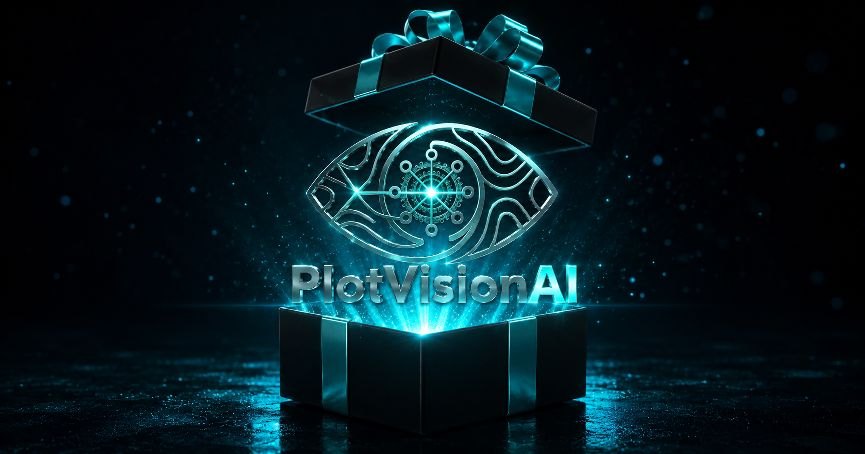 A PlotVisionAI gift box opening to reveal the turquoise circuit-eye logo and the PlotVisionAI wordmark
