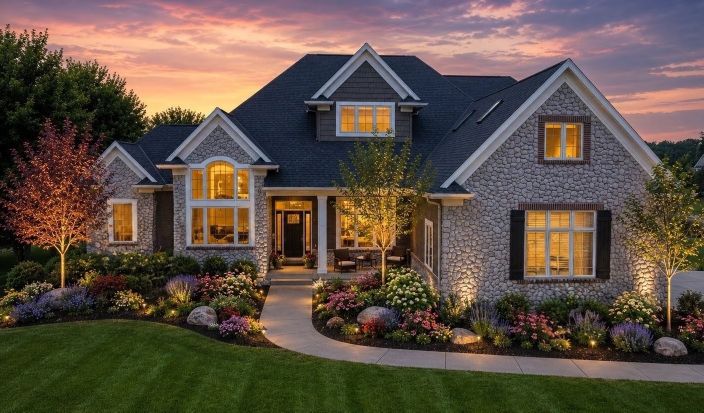 PlotVisionAI front landscape concept for the same large stone home.