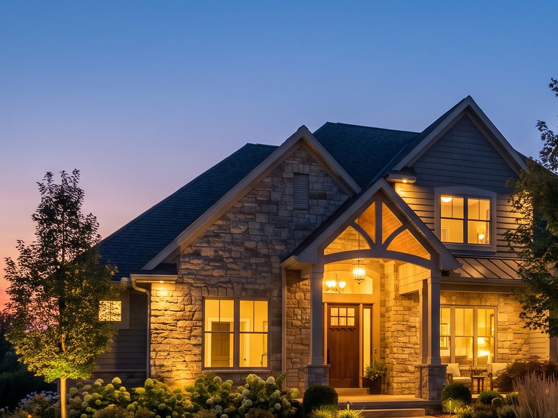 Night detail of warm light grazing a stone house facade, texture emphasised across the joints.