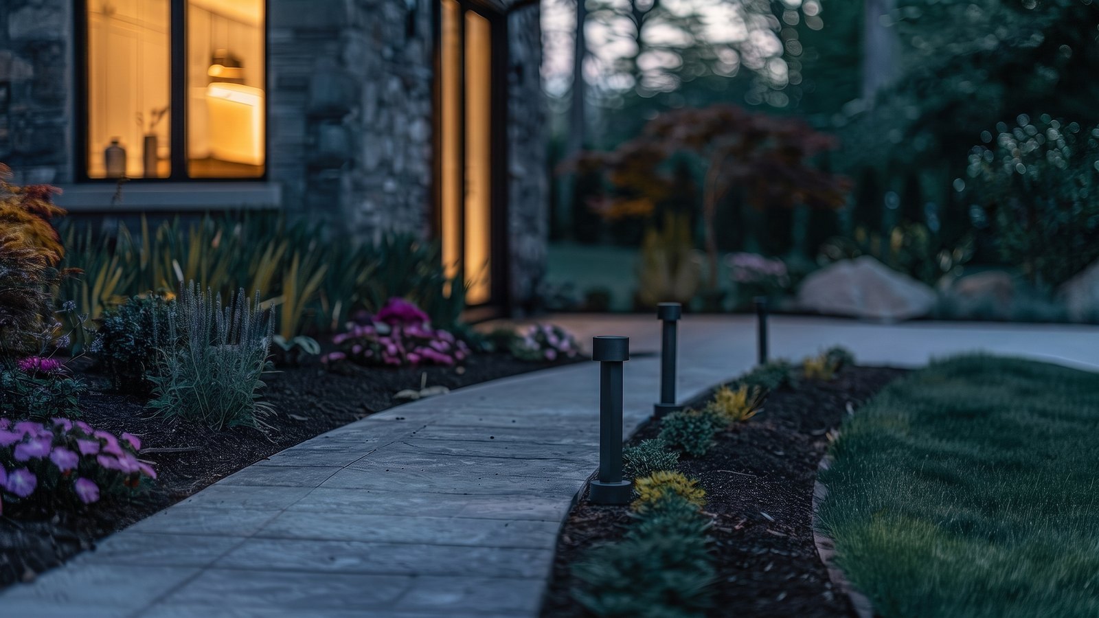 Landforms walkway and planting bed photographed in daylight with the low-voltage fixtures switched off.