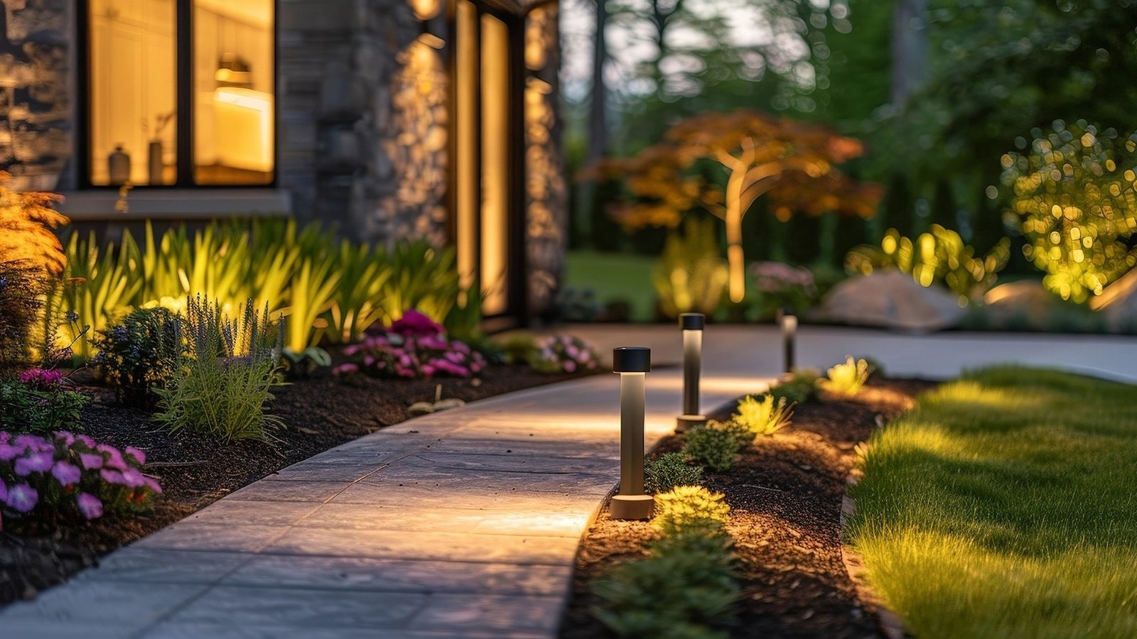The same walkway photographed after dark with the low-voltage lighting switched on, warm light grazing the stone and marking the steps.