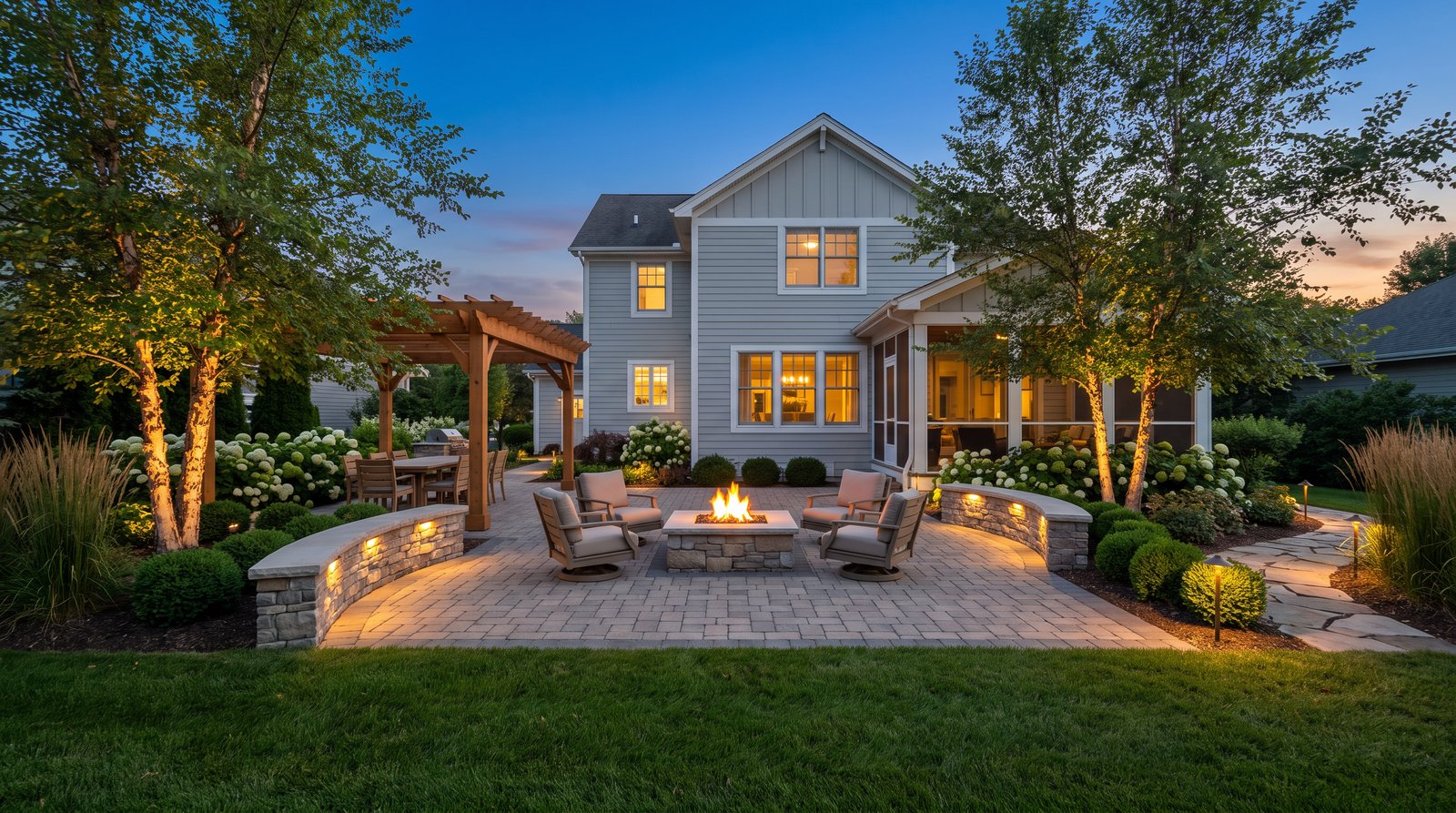 AI concept visualization of a backyard outdoor living design at dusk behind a light-grey craftsman home: a paver terrace with a stone fire pit and four chairs, a curved lit seat wall, a cedar pergola dining area and uplit river birches.