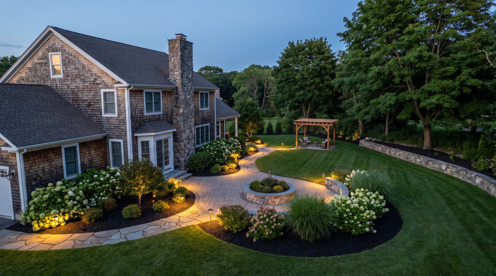 AI concept visualization of a finished whole-yard design at dusk behind a cedar-shake home: a curved paver terrace, a flagstone path across the lawn to a pergola nook, sweeping planting beds and warm path lighting.