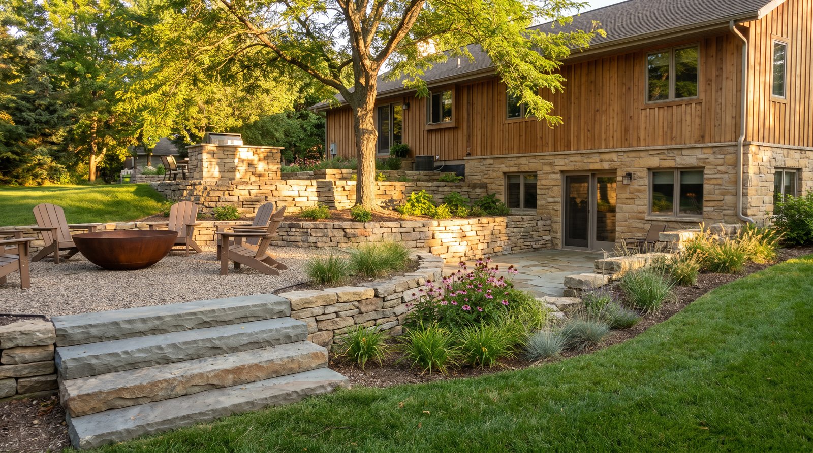 AI concept visualization of a multi-level hardscape at a sandstone and cedar walkout home: tiered natural stone retaining walls, wide bluestone stair treads, an upper paver terrace with a grill island and a lower gravel patio with a steel fire bowl.