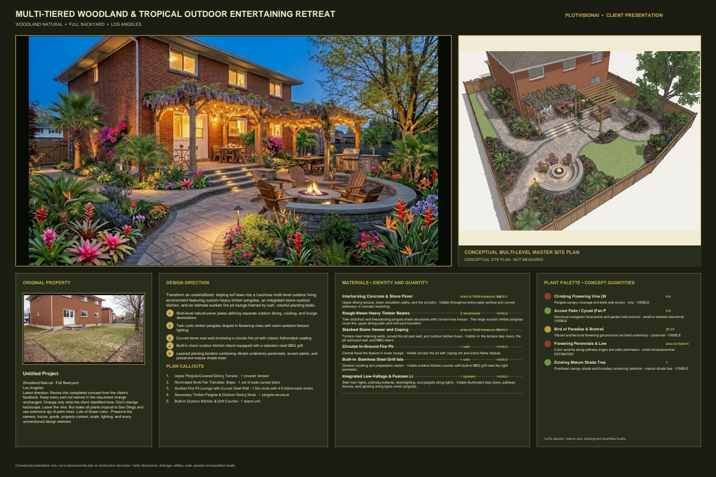 PlotVisionAI Presentation Board showing a finished landscape concept, realistic conceptual site plan, original property photo, materials, and plant quantities.