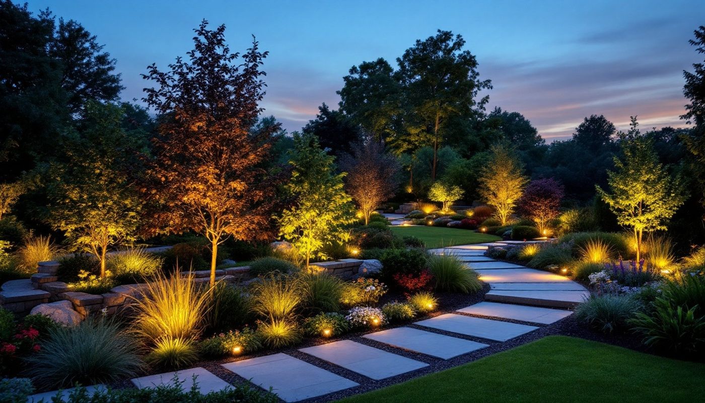 Dusk concept of a stone slab walk through layered ornamental beds, small trees uplit and grasses glowing against a dark lawn.