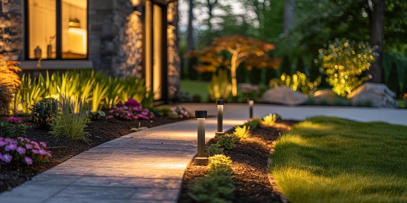 Warmly lit paver walk beside a stone house facade at dusk with two bollard fixtures and uplit ornamental trees.