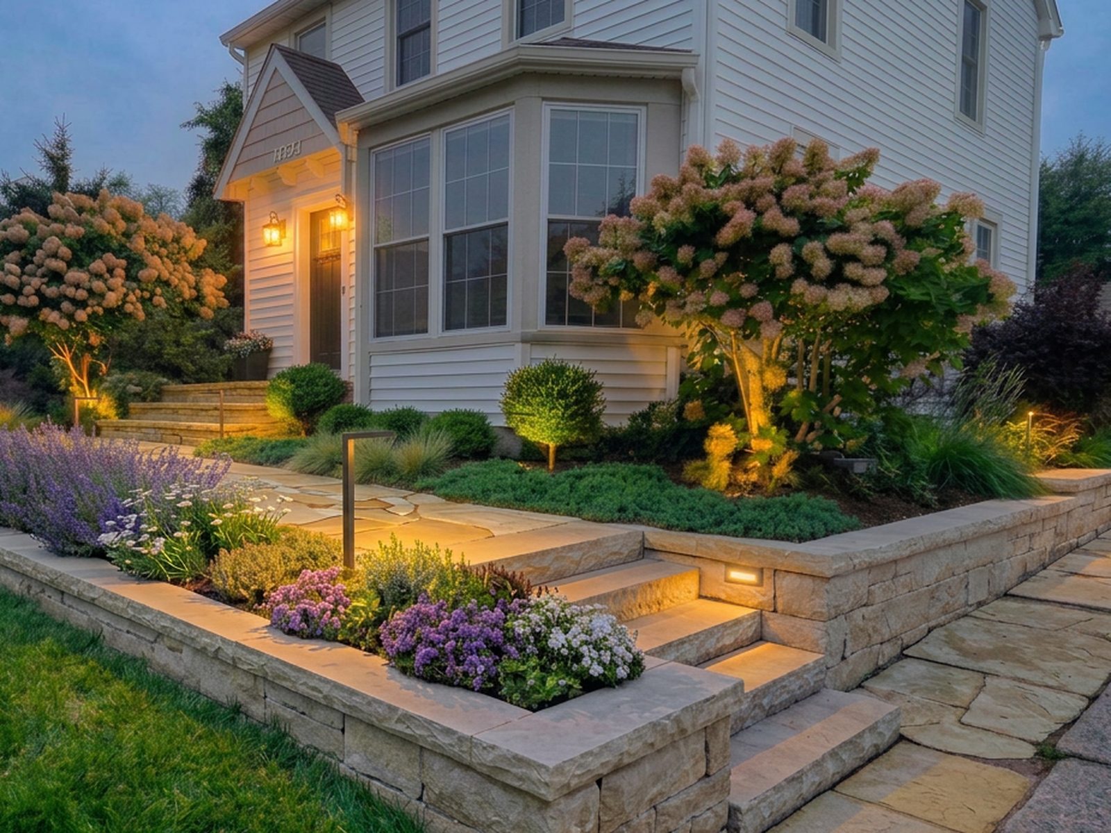 Photograph of the same front entry after construction at dusk: two courses of capped stone wall holding the grade, wide stone steps with recessed lights, planted terraces and flagstone landing.
